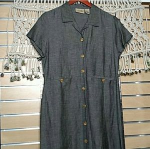 Vintage gray linen blend button down midi dress